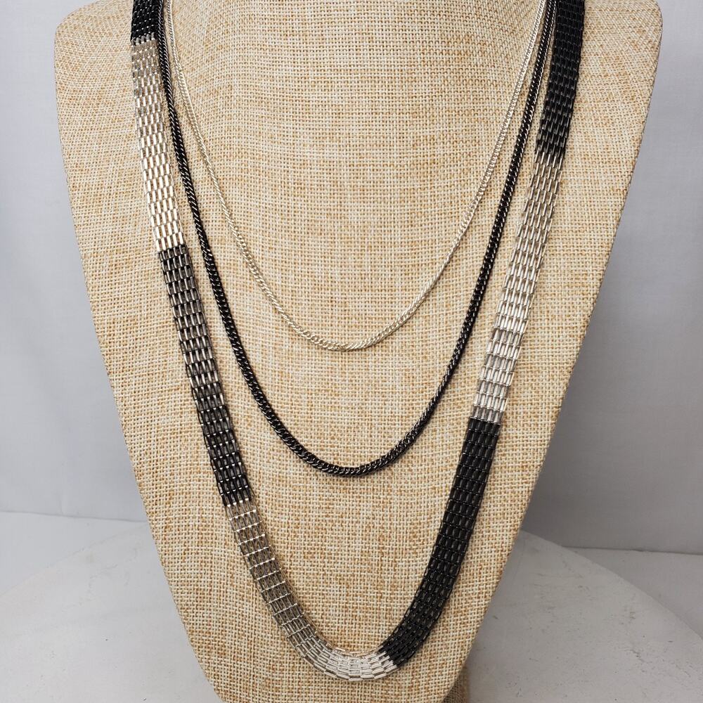 Vintage Necklace Casual Career Black Silver Tone Multi Chain 28-36 Inch
